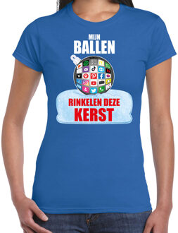 Bellatio Decorations Blauw Kerstshirt / Kerstkleding Mijn ballen rinkelen deze Kerst voor dames met social media kerstbal L - kerst t-shirts