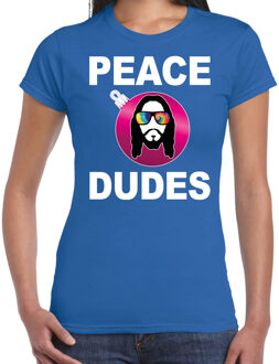 Bellatio Decorations Blauw Kerstshirt / Kerstkleding peace dudes voor dames met social media kerstbal S - kerst truien