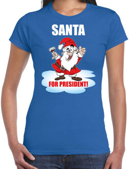 Bellatio Decorations Blauw Kerstshirt / Kerstkleding Santa for president voor dames 2XL - kerst t-shirts