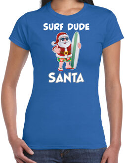 Bellatio Decorations Blauw Kerstshirt / Kerstkleding surf dude Santa voor dames XS - kerst t-shirts