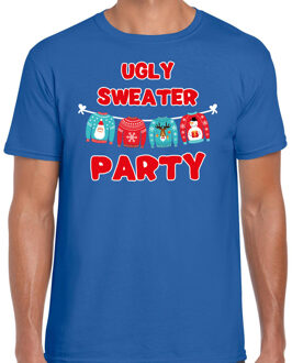 Bellatio Decorations Blauw Kerstshirt / Kerstkleding Ugly sweater party voor heren 2XL - kerst t-shirts