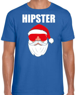 Bellatio Decorations Blauw Kersttrui / Kerstkleding Hipster voor heren met Kerstman met zonnebril 2XL - kerst t-shirts