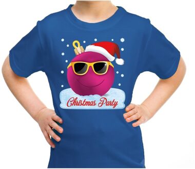 Bellatio Decorations Blauw t-shirt / kerstkleding coole roze kerstbal christmas party voor kinderen L (140-152) - kerst t-shirts kind