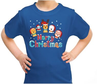 Bellatio Decorations Blauw t-shirt / kerstkleding dierenvriendjes Merry christmas voor kinderen L (140-152) - kerst t-shirts kind