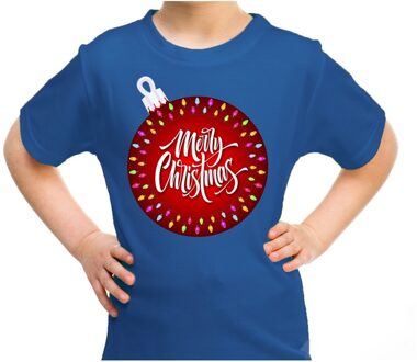 Bellatio Decorations Blauw t-shirt / kerstkleding kerstbal merry christmas voor kinderen L (140-152) - kerst t-shirts kind