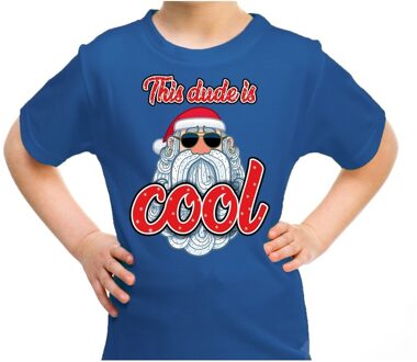 Bellatio Decorations Blauw t-shirt / kerstkleding this dude is cool met stoere santa voor kinderen XS (104-110) - kerst t-shirts kind