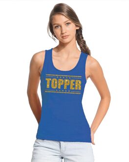 Bellatio Decorations Blauw Topper mouwloos shirt/ tanktop in gouden glitter letters dames - Toppers dresscode kleding L