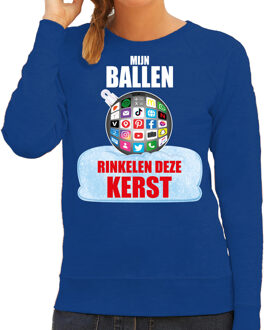 Bellatio Decorations Blauwe foute Kersttrui / Kerstkleding Mijn ballen rinkelen deze Kerst voor dames met social media kerstbal 2XL - kerst t