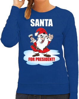 Bellatio Decorations Blauwe foute Kersttrui / Kerstkleding Santa for president voor dames 2XL - kerst truien