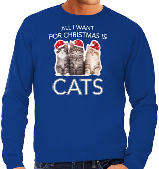 Bellatio Decorations Blauwe Kersttrui / Kerstkleding All I want for christmas is cats voor heren 2XL - kerst truien