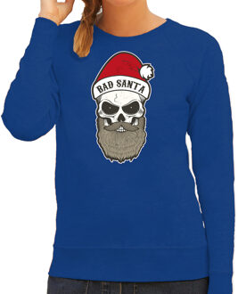 Bellatio Decorations Blauwe Kersttrui / Kerstkleding Bad Santa voor dames 2XL - kerst truien