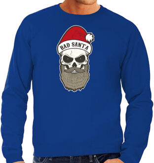 Bellatio Decorations Blauwe Kersttrui / Kerstkleding Bad Santa voor heren M - kerst truien