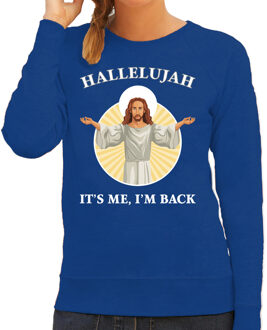 Bellatio Decorations Blauwe Kersttrui / Kerstkleding Hallelujah its me im back voor dames 2XL - kerst truien