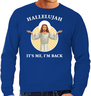 Bellatio Decorations Blauwe Kersttrui / Kerstkleding Hallelujah its me im back voor heren 2XL - kerst truien