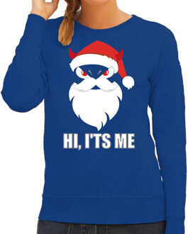 Bellatio Decorations Blauwe Kersttrui / Kerstkleding Hi its me voor dames met duivels kerstmannetje 2XL - kerst truien