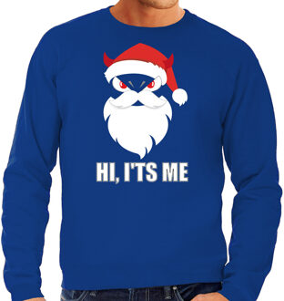 Bellatio Decorations Blauwe Kersttrui / Kerstkleding Hi its me voor heren met duivels kerstmannetje 2XL - kerst truien