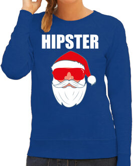 Bellatio Decorations Blauwe Kersttrui / Kerstkleding Hipster voor dames met Kerstman met zonnebril 2XL - kerst truien