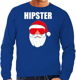 Bellatio Decorations Blauwe Kersttrui / Kerstkleding Hipster voor heren met Kerstman met zonnebril 2XL - kerst truien