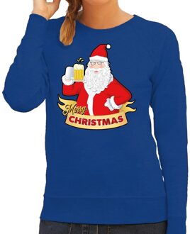 Bellatio Decorations Blauwe kersttrui / kerstkleding kerst man met een biertje voor dames 2XL (44) - kerst truien