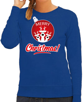 Bellatio Decorations Blauwe Kersttrui / Kerstkleding Merry Christmas voor dames met rendier kerstbal 2XL - kerst truien