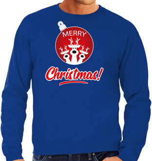 Bellatio Decorations Blauwe Kersttrui / Kerstkleding Merry Christmas voor heren met rendier kerstbal 2XL - kerst truien