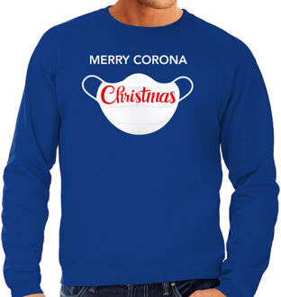 Bellatio Decorations Blauwe Kersttrui / Kerstkleding Merry corona Christmas voor heren 2XL