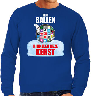 Bellatio Decorations Blauwe Kersttrui / Kerstkleding Mijn ballen rinkelen deze Kerst voor heren met social media kerstbal 2XL - kerst truien