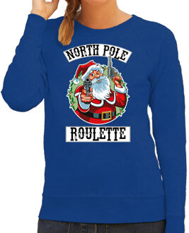 Bellatio Decorations Blauwe Kersttrui / Kerstkleding Northpole roulette voor dames 2XL - kerst truien