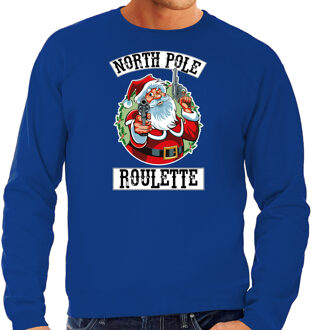 Bellatio Decorations Blauwe Kersttrui / Kerstkleding Northpole roulette voor heren 2XL - kerst truien