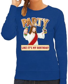 Bellatio Decorations Blauwe kersttrui / kerstkleding Party like its my birthday voor dames M (38) - kerst truien