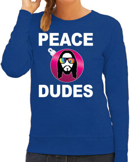 Bellatio Decorations Blauwe Kersttrui / Kerstkleding peace dudes voor dames met social media kerstbal 2XL - kerst truien