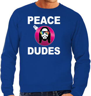 Bellatio Decorations Blauwe Kersttrui / Kerstkleding peace dudes voor heren met social media kerstbal 2XL - kerst truien