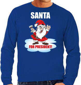 Bellatio Decorations Blauwe Kersttrui / Kerstkleding Santa for president voor heren 2XL - kerst truien