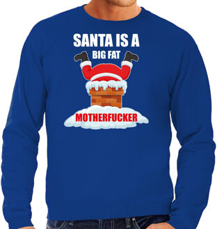 Bellatio Decorations Blauwe Kersttrui / Kerstkleding Santa is a big fat motherfucker voor heren grote maten 3XL (58) - kerst truien