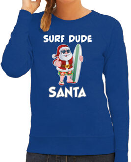 Bellatio Decorations Blauwe Kersttrui / Kerstkleding surf dude Santa voor dames 2XL - kerst truien