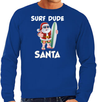 Bellatio Decorations Blauwe Kersttrui / Kerstkleding surf dude Santa voor heren 2XL - kerst truien