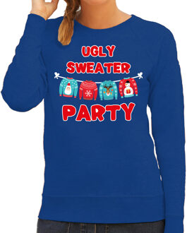 Bellatio Decorations Blauwe Kersttrui / Kerstkleding Ugly sweater party voor dames 2XL - kerst truien