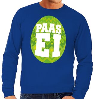 Bellatio Decorations Blauwe Paas sweater met groen paasei - Pasen trui voor heren - Pasen kleding 2XL