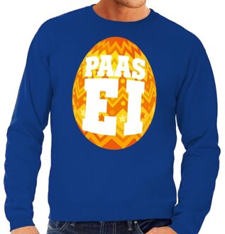 Bellatio Decorations Blauwe Paas sweater met oranje paasei - Pasen trui voor heren - Pasen kleding 2XL