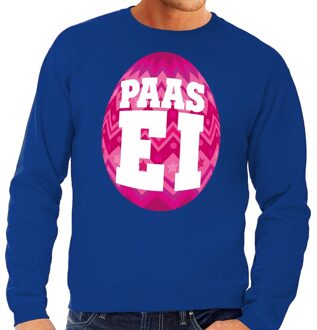 Bellatio Decorations Blauwe Paas sweater met roze paasei - Pasen trui voor heren - Pasen kleding 2XL