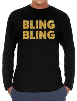 Bellatio Decorations Bling bling goud glitter long sleeve t-shirt zwart voor heren 2XL