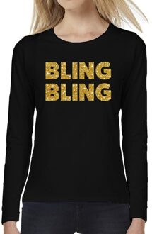 Bellatio Decorations Bling Bling goud glitter t-shirt long sleeve zwart voor dames XS