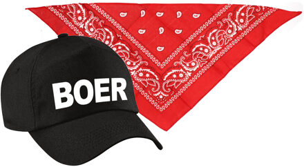 Bellatio Decorations Boer verkleed pet zwart met rode hals zakdoek volwassenen