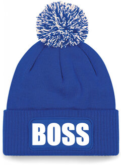 Bellatio Decorations Boss muts/beanie met pompon - onesize - unisex - blauw One size