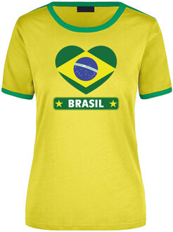 Bellatio Decorations Brasil ringer t-shirt geel met groene randjes voor dames - Brazilie supporter kleding L