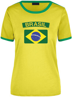 Bellatio Decorations Brasil ringer t-shirt geel met groene randjes voor dames - Brazilie supporter kleding L