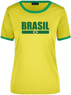 Bellatio Decorations Brasil supporter ringer t-shirt geel met groene randjes voor dames - Brazilie supporter kleding L