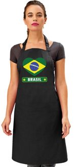 Bellatio Decorations Braziliaanse vlag in hart keukenschort/ barbecueschort zwart heren en dames - Feestschorten