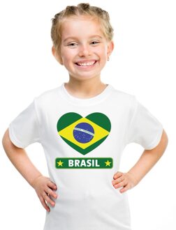 Bellatio Decorations Brazilie kinder t-shirt met braziliaanse vlag in hart wit jongens en meisjes l (146-152)