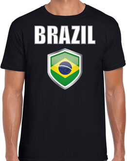 Bellatio Decorations Brazilie landen supporter t-shirt met Braziliaanse vlag schild zwart heren